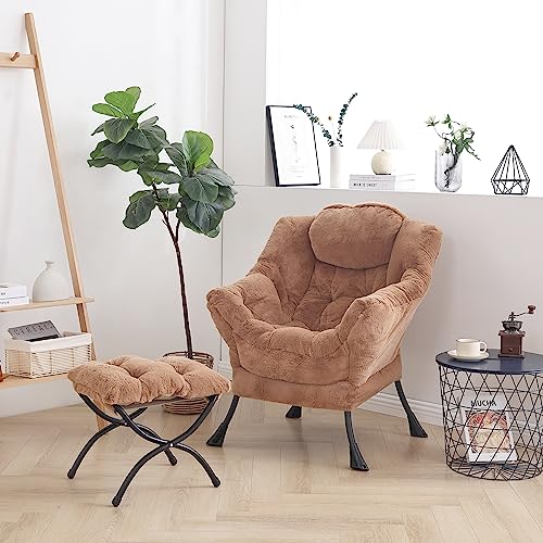 Lazy Chair with Ottoman, Comfy Accent Reading Chair, Plush Brown | Foldable Footrest,Removable Cover,with Armrests and Side Pockets,Upholstered Lounge Chair for Bedroom,Dorm,Office,Small Space - color: Plush Brown