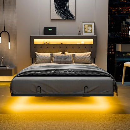 VINGLI Full Size Floating Bed Frame with LED Lights, Adjustable Velvet Upholstered Bed with Charging Station, Modern Metal Full Bed, Easy Assembly, No Box Spring Needed, Grey - color: Grey, size: Full