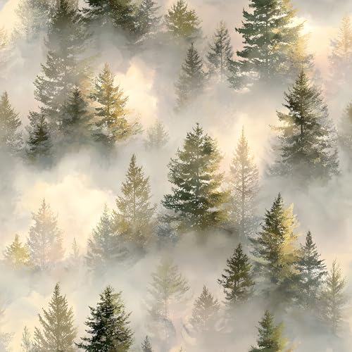 CHIHUT Botanical Nature Peel and Stick Wallpaper Soft Sunset Foggy Pine Tree Forest Wall Mural Wall Décor Removable Waterproof Renter Friendly Woodland Wallpaper for Bedroom Office Bathroom 17.7"x236" - color: Warm Beige/Soft Forest Green/ Misty Grey, siz