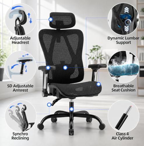 Ergonomic Office Chair, Full Mesh Desk Chair with 5D Armrests | Adjustable Lumbar Support & Headrest, 135° Stepless Reclining Backrest, Holds 350 LBS Home Task Computer Chair