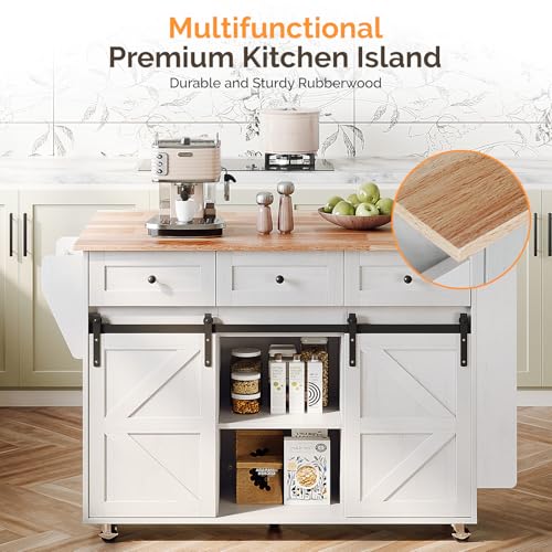 VINGLI 52" W Kitchen Island with Storage and Drop Leaf, Washed White | Farmhouse Rolling Cart with 3 Drawers, Sliding Barn Doors, Adjustable Shelves, Side Rack and Locking Wheels - color: White 2-box