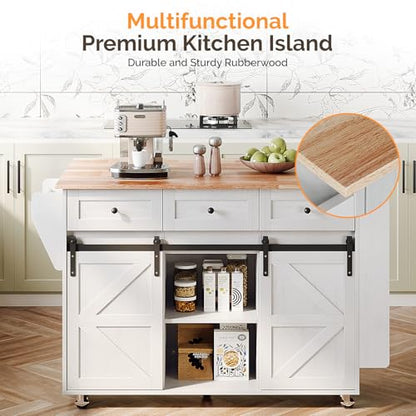 VINGLI 52" W Kitchen Island with Storage and Drop Leaf, Washed White | Farmhouse Rolling Cart with 3 Drawers, Sliding Barn Doors, Adjustable Shelves, Side Rack and Locking Wheels - color: White 2-box
