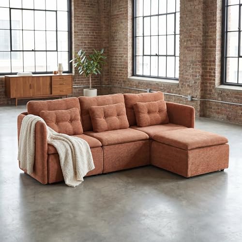 HNY 82.5" Modern L-Shaped Sectional Sofa, Brown | 3-Seat Button Tufted Modular Couch, Chenille Fabric With Pillow & Ottoman, Comfortable Deep Seat for Living Room, Apartment - color: Brown, size: 3 Seater-L Shape