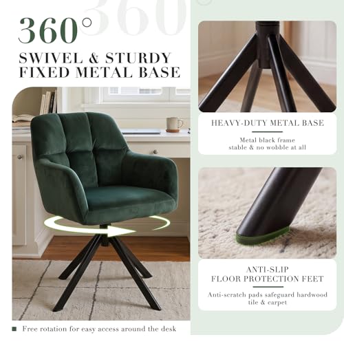 EALSON Comfy Velvet Desk Chair Modern Computer Task Chair no Wheels Swivel Accent Chair with Mid Back Arm Chair for Living Room/Bedroom/Home Office(Green) - color: Dark Green