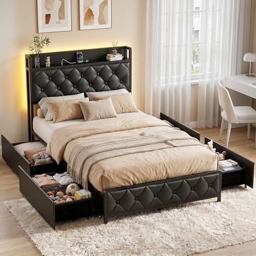 Twin Bed Frame with Button Headboard, PU Leather, All-Metal Support Platform LED Light Strip Twin Bed with Storage and Charge Station, Easy to Install, Stable, Noise-Free (Black) - color: Black