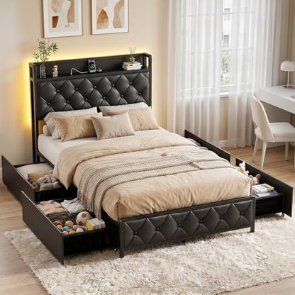 Twin Bed Frame with Button Headboard, PU Leather, All-Metal Support Platform LED Light Strip Twin Bed with Storage and Charge Station, Easy to Install, Stable, Noise-Free (Black) - color: Black