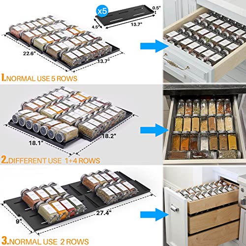 MIUKAA Spice Drawer Organizer with 34 Spice Jars, 378 Spice Labels, 5 Tier - 5 Pack Metal Spice Rack Tray for Drawer/Countertop, 13.7" Wide x 22.6" Deep (Black)