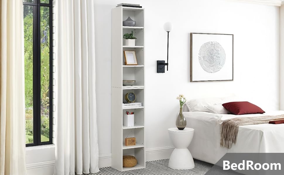 Tall Narrow Bookshelf,8-Tiers Bookcase with Adjustable Shelves,Double-Decker Combination Thin Media Tower Rack,CD DVD Slim Storage Cabinet for Living Room,Bedroom,Studio and Office (White, 71"H) - color: White