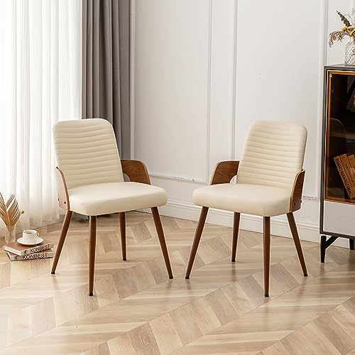 Dining Room Chairs Set of 4 Mid Century Modern Kitchen Chair,Upholstered Beige PU Faux Leather Accent Chairs,Metal Legs Wooden Desk Chair,Armless and No Wheels for Kitchen Dining - color: Beige Pu, size: Set of 4