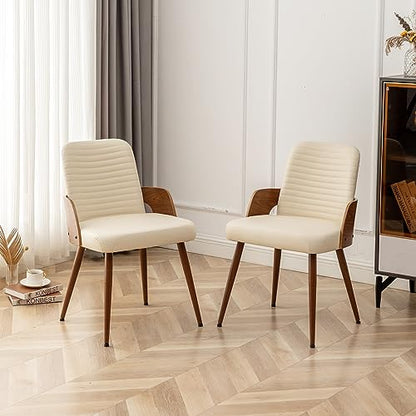 Dining Room Chairs Set of 4 Mid Century Modern Kitchen Chair,Upholstered Beige PU Faux Leather Accent Chairs,Metal Legs Wooden Desk Chair,Armless and No Wheels for Kitchen Dining - color: Beige Pu, size: Set of 4