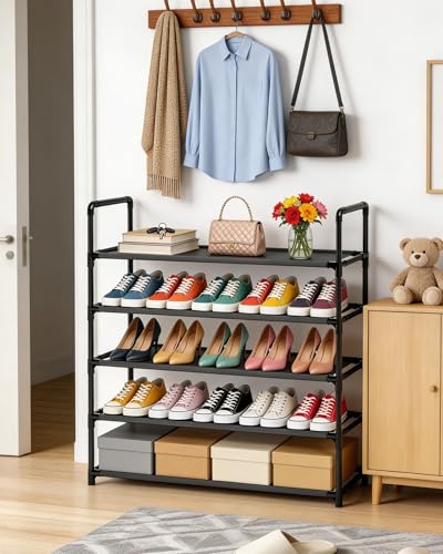 5 Tier Tall Shoe Rack Large Capacity, 34.5" Wide Entryway Shoe Organizer, Stackable Metal Frame Waterproof Nonwoven Shelves, Holds 20-25 Pairs, Space Saving Storage for Closet Hallway Garage, Black - size: 5-Tier(34.5"W)