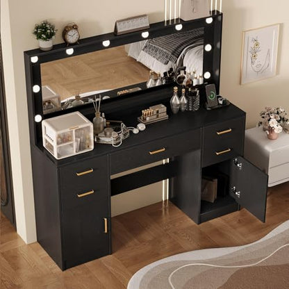 TOKSOM 44.8" Large Vanity Desk with Lighted Mirror & Power Outlet, Black Makeup Vanity Desk with Mirror and Lights, Black Vanity Table with 5 Drawers and 2 Cabinets, Dressing Table for Bedroom - size: 44.8 inch, style: Modern Black