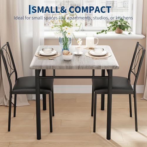 Space-Saving Dining Table Set for 2 – 3-Piece Farmhouse Wood Table & | Upholstered Chairs – Modern Compact Dining Furniture for Apartments & Breakfast Nooks – Grey - color: Grey