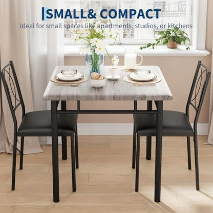 Space-Saving Dining Table Set for 2 – 3-Piece Farmhouse Wood Table & | Upholstered Chairs – Modern Compact Dining Furniture for Apartments & Breakfast Nooks – Grey - color: Grey