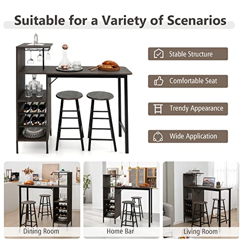 GOFLAME Bar Table Set for 2, Counter Height Dining Table Set with Shelves, Cup Holder & Wine Rack, Breakfast Table & Stools Set, 3-Piece Pub Table Set for Kitchen, Dining Room, Brown - color: Brown