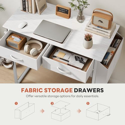 DUMOS 32" Home Office Computer Desk with Drawers, Small Gaming Writing Study Table with Storage Side Bag, Headphone Hook and Adjustable Feet for Bedroom White | Small Writing Desk for Home Office with Headphone Hook, Compact Study Table for Bedroom - colo