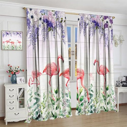 Summer Flamingo Curtain, Purple Violet Wisteria Rose Green Eucalyptus Leaf Window Drapes for Living Room Bedroom Home 42" W X 45" L(No Blackout) - color: Flamingo-7, size: 20.5"W x 45"L (Pack of 2)