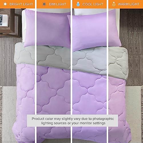 Comfort Spaces Vixie Reversible Comforter Set - Trendy Casual Geometric Quilted Cover, All Season Down Alternative Cozy Bedding, Matching Sham, Lavendar/Gray, Twin/Twin XL 2 piece | Down Alternative, All Season, Bedding for Bedroom, Geometric Pattern, Rev