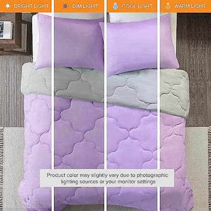 Comfort Spaces Vixie Reversible Comforter Set - Trendy Casual Geometric Quilted Cover, All Season Down Alternative Cozy Bedding, Matching Sham, Lavender/Gray, Full/Queen 3 piece | Down Alternative, All Season, Bedding for Bedroom, Geometric Pattern, Rever