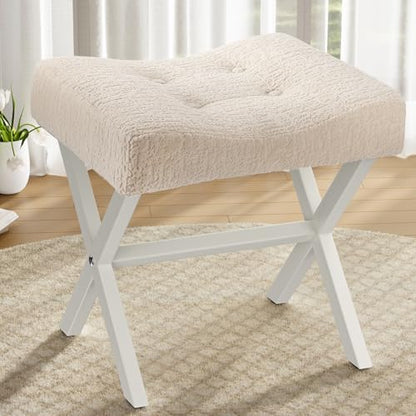 18-Inch Large Vanity Stool Chair, Beige Makeup Stool | Vanity Bench, Metal X-Legs, 350 LBS, 20"x16.9"x18", Ottoman Accent Stool, Breathable Soft Boucle Fabric Saddle Seat - size: Large, style: Beige Fabric