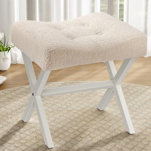 18-Inch Large Vanity Stool Chair, Beige Makeup Stool | Vanity Bench, Metal X-Legs, 350 LBS, 20"x16.9"x18", Ottoman Accent Stool, Breathable Soft Boucle Fabric Saddle Seat - size: Large, style: Beige Fabric