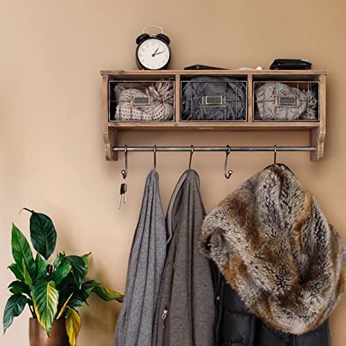 HBCY Creations Wall Mounted Shelf with Coat Hooks and Baskets, Solid Wood Entryway Organizer Wall Shelf with Hooks - Hang Coats, Keys or Coffee Mugs, Rustic Brown 24" Wide - color: Rustic Brown