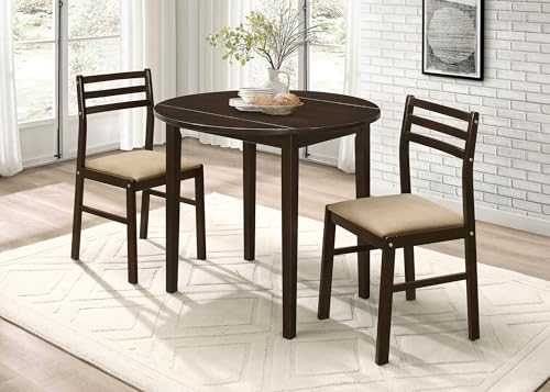 Coaster Home Furnishings 3-Piece Round Wood Dining Room Set Drop Leaf Extension Table Ladder Back Side Chairs Upholstered Seat Cushions Cappuccino and Tan 130005