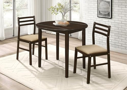 Coaster Home Furnishings 3-Piece Round Wood Dining Room Set Drop Leaf Extension Table Ladder Back Side Chairs Upholstered Seat Cushions Cappuccino and Tan 130005