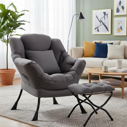 Lazy Chair with Ottoman, Comfy Reading Chair for Bedroom，Grey | Comfy Bedroom Accent Chair with Washable Removable Cover and extra throw pillow for Living Room Dorm - color: Peach Dark Grey-1