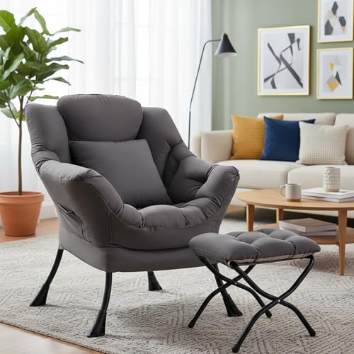Lazy Chair with Ottoman, Comfy Reading Chair for Bedroom，Grey | Comfy Bedroom Accent Chair with Washable Removable Cover and extra throw pillow for Living Room Dorm - color: Peach Dark Grey-1