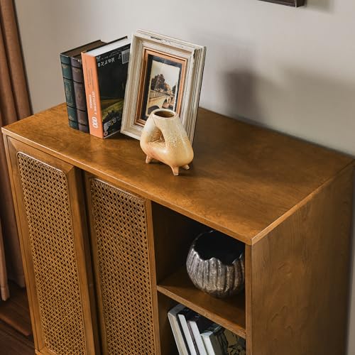 Mid Century Modern Small Rattan Sideboard Buffet Storage Cabinet | Real Wood Veneer Mid Century Storage Cabinet with Rattan Sliding Doors,Boho Bar Cabinet,Small Sideboard Buffet,Light Walnut - color: Light Walnut