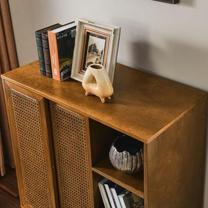 Mid Century Modern Small Rattan Sideboard Buffet Storage Cabinet | Real Wood Veneer Mid Century Storage Cabinet with Rattan Sliding Doors,Boho Bar Cabinet,Small Sideboard Buffet,Light Walnut - color: Light Walnut