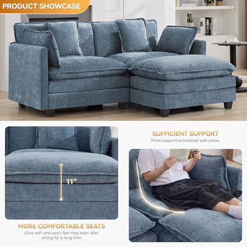 76'' Cloud Deep Seat Loveseat Sofa, Upholstered Chenille Modular 2-Seats Sectional Sofa Couch with Movable Ottoman, Modern Comfy Settee Loveseat for Living Room Set, Small Apartment, Blue - color: Blue, size: 76'' L Shape