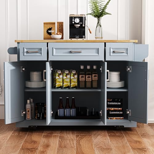 54inch Large Kitchen Island with Rubber Wood Drop Leaf,Embossed Texture Rolling Kitchen Cart On 4 Wheels with 4 Doors and 3 Drawers, Storage for Dining Room (Grey Blue-0t) - color: Grey Blue-0t)