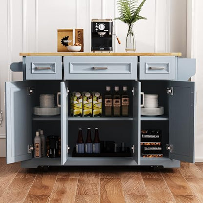 54inch Large Kitchen Island with Rubber Wood Drop Leaf,Embossed Texture Rolling Kitchen Cart On 4 Wheels with 4 Doors and 3 Drawers, Storage for Dining Room (Grey Blue-0t) - color: Grey Blue-0t)