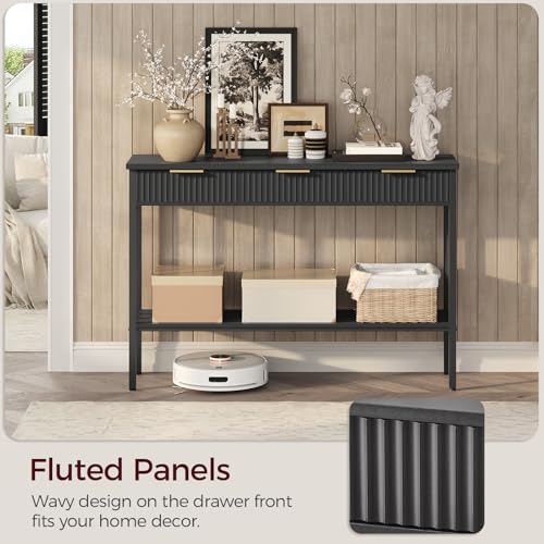 MAHANCRIS 47.2" Console Table with 3 Drawers, Fluted Black Entryway Table | Narrow Long Entry Table with Storage Shelf, Sofa Table for Entryway, Living Room, Foyer, Hallway, Office, Black Gold CTHB5201 - size: 11.8"D x 47.3"W x 32.3"H