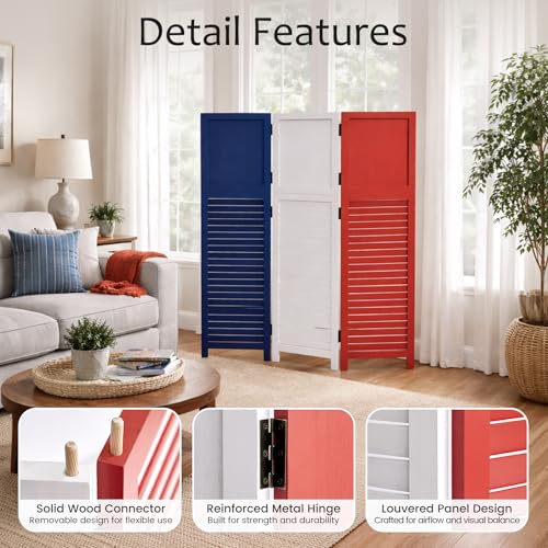 1 Pack 3 Panel Wood Short Room Divider Screen Red White Blue | Freestanding Modular Louvered Partition Screen For Bedroom Home Office Apartment Privacy - color: Red White Blue
