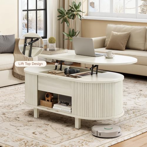 43.3" Oval Lift Top Fluted Coffee Table with Sliding Door, Natural | Mid-Century Modern Fluted Coffee Table with Lift Tabletop & Multi-Storage Spaces, Dining Table for Living Room, Home Office - color: Natural