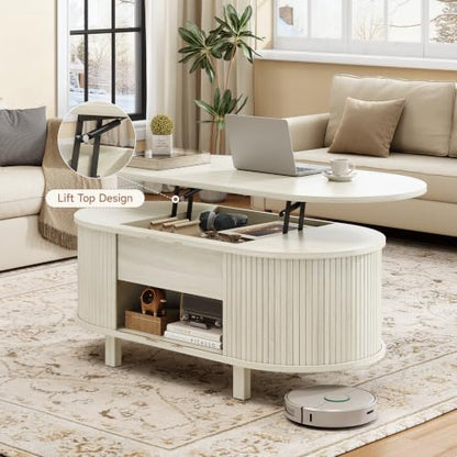 43.3" Oval Lift Top Fluted Coffee Table with Sliding Door, Natural | Mid-Century Modern Fluted Coffee Table with Lift Tabletop & Multi-Storage Spaces, Dining Table for Living Room, Home Office - color: Natural