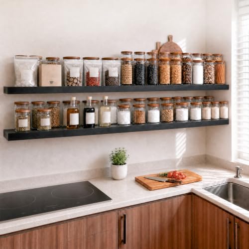 RICHER HOUSE 55 Inch Long Floating Shelves, 12 Inch Deep Black Wall Shelf | Wide Wall Shelves for Bedroom Kitchen Bathroom Wall Mounted Shelves, Rustic Wooden Bookshelf with Invisible Bracket, 2 Pack - color: Black, size: 55in