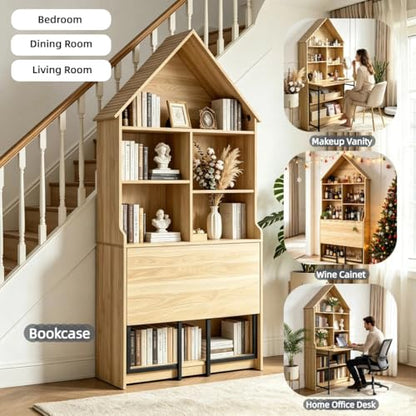 FNK Folding A-Frame Bookshelf Narrow Bookcase with Hideaway Craft Desk | Convertible Hideaway Desk to Bookshelf for Small Spaces, Multifunctional Craft Table & Vanity - color: Natural