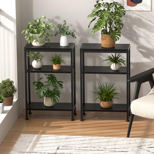 Narrow Side Table Set of 2 for Small Space, 3 Tier Slim End Table, Thin Nightstand, Skinny Snack Couch Table, Sofa Bedside Table in Living Room, Bedroom, Study, Kitchen and Balcony (Black) - color: Black, size: 3-Tier (7.9''D*17''W*26.6''H)