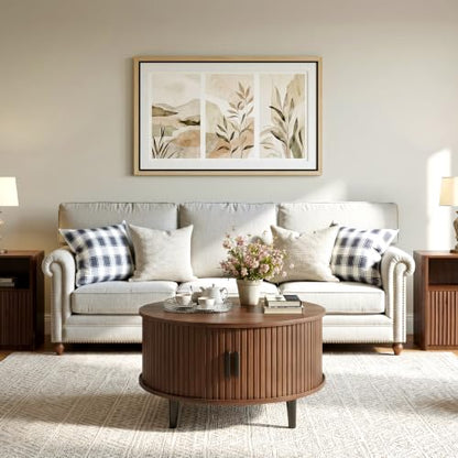 DreamDashio 31.5" Round Lift Top Coffee Table with Hidden Storage, Mid Century Modern Fluted Coffee Tables with Sliding Tambour Door, Small Wood Center Tables for Living Room, Small Space, Walnut