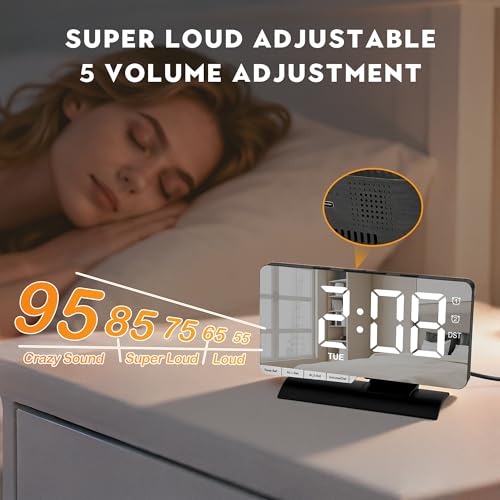 Digital Clock,Alarm Clock Bedside,7.3'' Large LED Mirror with Date Display,Dual Alarm with 3 Mode,Brightnee Adjust,DST,Snooze Function,USB C Charging Port,5 Levels Volume for Desk Bedroom Teens - color: Black