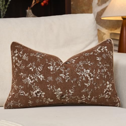 Spring Flower Lumbar Throw Pillow Cover 12x20 Inches Brown Vintage Floral Pillow Cover Farmhouse Summer Cushion Cover Leaf Pillowcase Home Decor for Sofa Living Room Couch - color: Brown, size: 20" x 12" (Pack of 1)