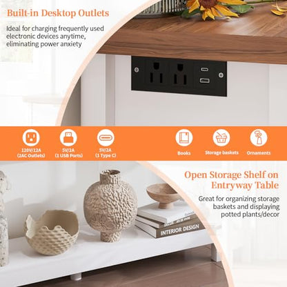 Fluted 47.2" Console Table with Outlets and USB C, Narrow Entryway Table with 3 Drawers, Modern Farmhouse Wood Sofa Table Behind Couch for Living Room, White & Walnut - color: Entryway Table-white