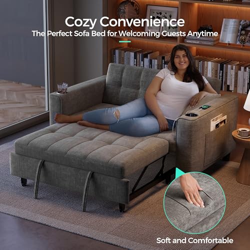 LINSY 54" Pull Out Couch with Charging Station, Small Sleeper Sofa Bed with Cup Holder, 3 in 1 Convertible Loveseat Chenille Sleeper Couch for Apartment, Dorm Room, Bedroom and Small Space, Gray