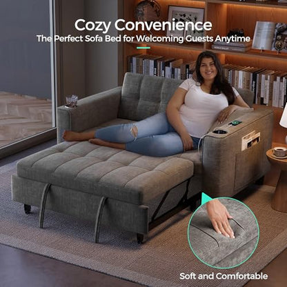 LINSY 54" Pull Out Couch with Charging Station, Small Sleeper Sofa Bed with Cup Holder, 3 in 1 Convertible Loveseat Chenille Sleeper Couch for Apartment, Dorm Room, Bedroom and Small Space, Gray
