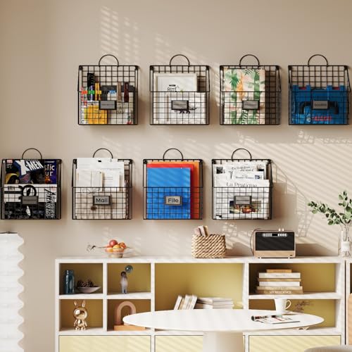 4 Packs Hanging Wall File Organizer with Hooks, Magazine Rack ,Mail Basket | Metal Wall Mounted File Holder Folder with Handles , Home Office Organization for Papers Book, No Assembly Required, Black