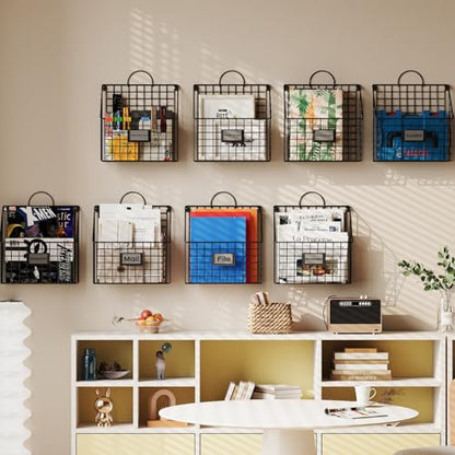 4 Packs Hanging Wall File Organizer with Hooks, Magazine Rack ,Mail Basket | Metal Wall Mounted File Holder Folder with Handles , Home Office Organization for Papers Book, No Assembly Required, Black